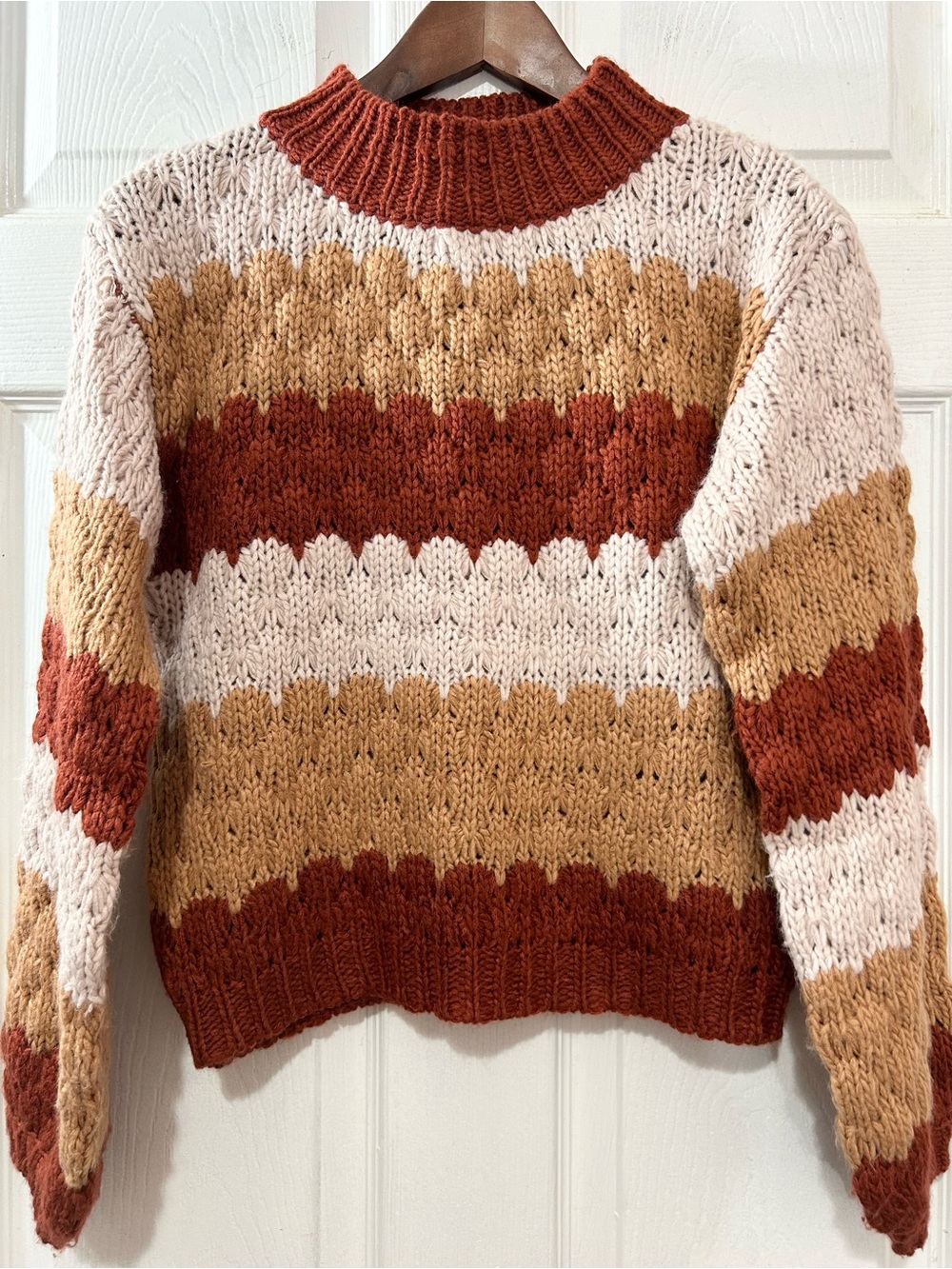 Altar’d State Striped Chunky Knit Sweater Rust Tan Cream XS Fall